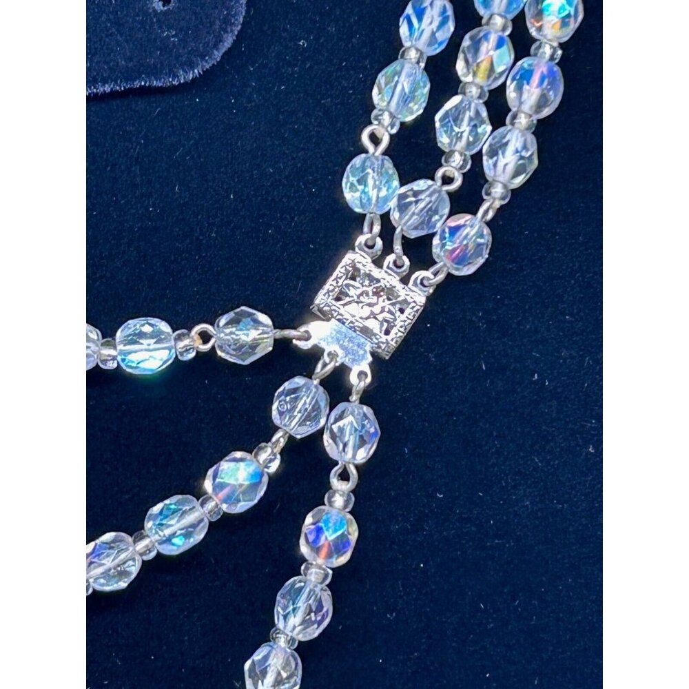 Aurora Borealis Glass Necklace 3 Strand Graduated Length 17 in Silver-tone Clasp - Picture 5 of 5